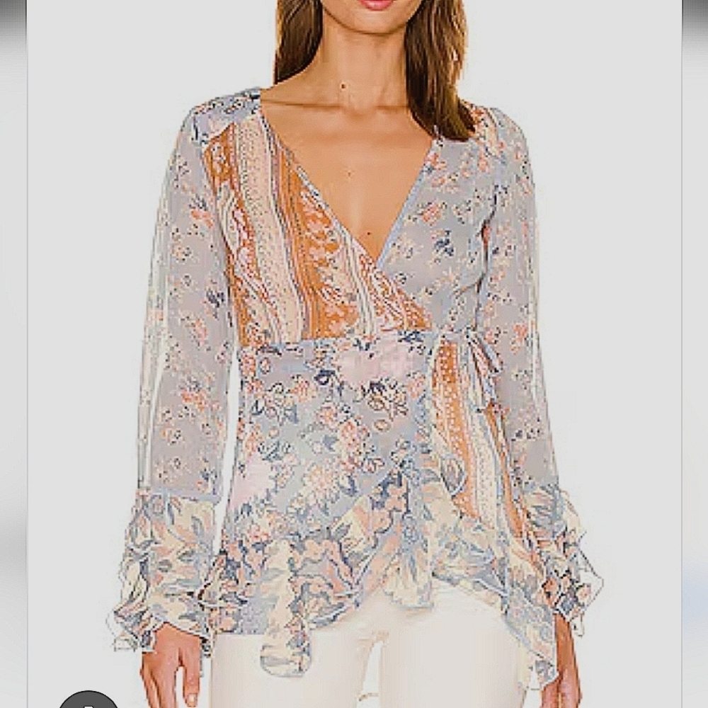 Free People X REVOLVE-Magic Hour Wrap Top in Chambray Combo-Size XS